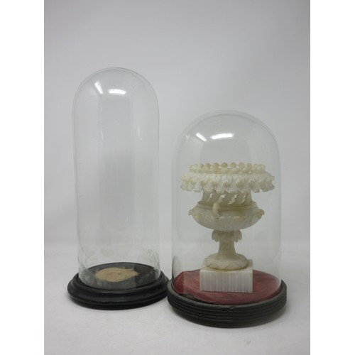 284 - An onyx pierced pedestal Vase under glass dome and another glass Dome on stand, 14in H