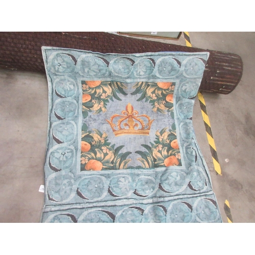 464 - A printed tapestry effect Wall Hanging, foliate border on blue/green ground.