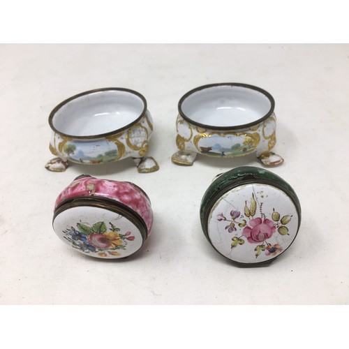 198 - A pair of 18th Century enamel Cauldron Salts painted landscape cartouches and two enamel Pug Dog Bon... 