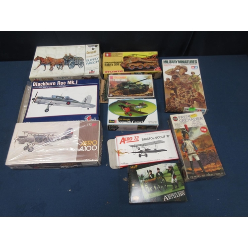 12 - Two boxes of plastic Kits including Sopwith Camel, Bristol Scout, Blackburn Roc 1, BF110, Me 109E, A... 