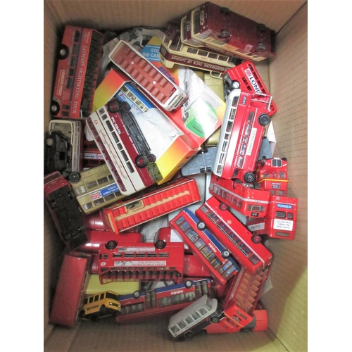 123 - A box of modern diecast models of Buses and a Teddy Bear