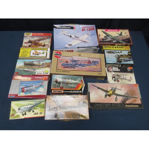 14 - Two boxes of plastic Kits including Matchbox Handley-Page Heyford, Heller Dewoitine D510, Glencoe Mo... 