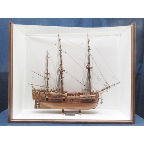 174 - A hand built wooden model of 'The Endeavour' three masted Galleon 2ft 8in L x 2ft 2in H in wooden ca... 