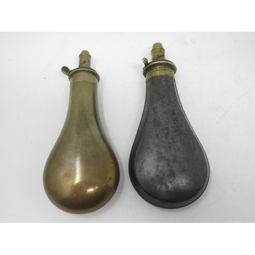 249 - A group of four Powder Flasks all in good condition with good spring mechanisms, makers, Sykes, Dixo... 