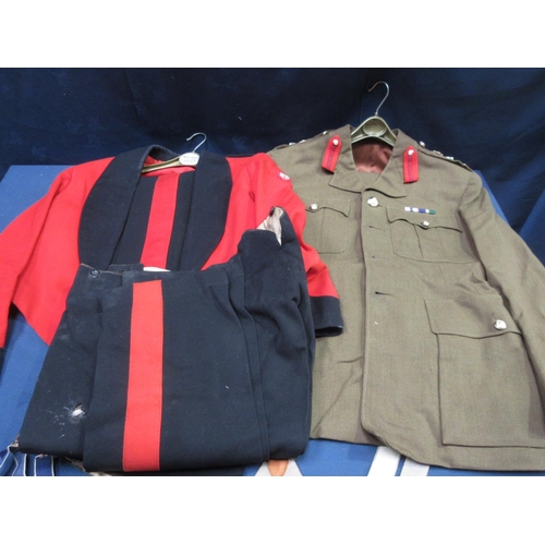 267 - A British Army Signal Regiment Officer's Dress Uniform, a Mess Uniform, two Caps, a Top Hat, a Bowle... 