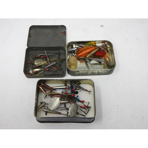 342 - A box of tins containing Minnows, Plugs, Spinners, Weights, etc