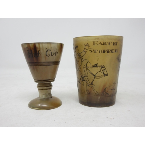 383 - An antique horn Beaker engraved with hunting scene and  'Cecil. B.S. Earth Stopper', a Cup engraved ... 