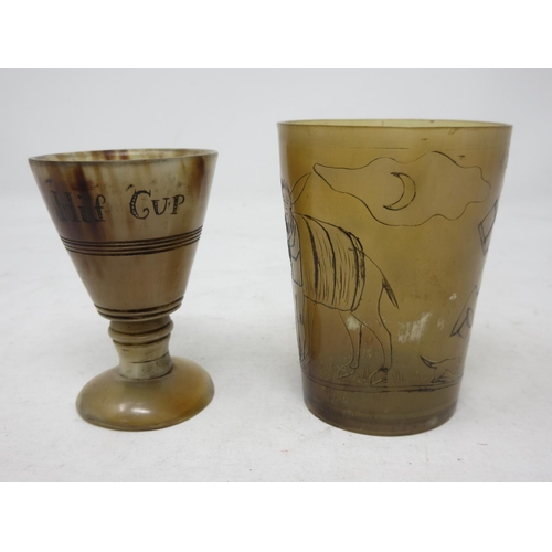 383 - An antique horn Beaker engraved with hunting scene and  'Cecil. B.S. Earth Stopper', a Cup engraved ... 