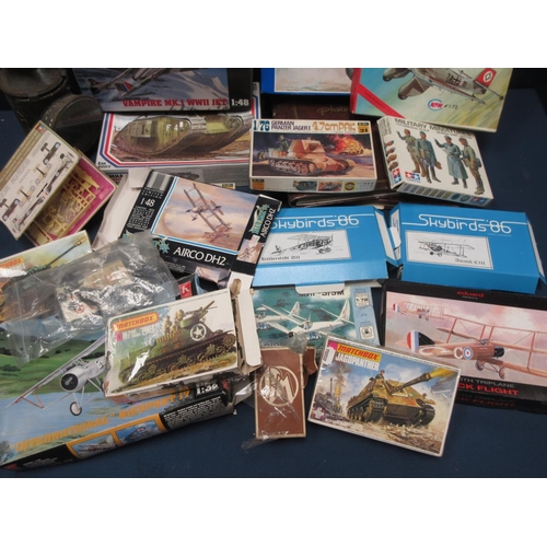 6 - A quantity of boxed plastic Kits including Glencoe Models Pfalz, MPM Ju87, Matchbox Jagdpanther, M-7... 