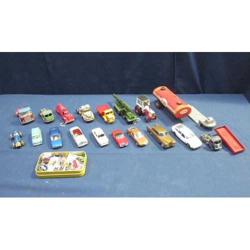 60 - A quantity of playworn diecast including a tinplate Esso Tanker Trailer, a Corgi David Brown Tractor... 