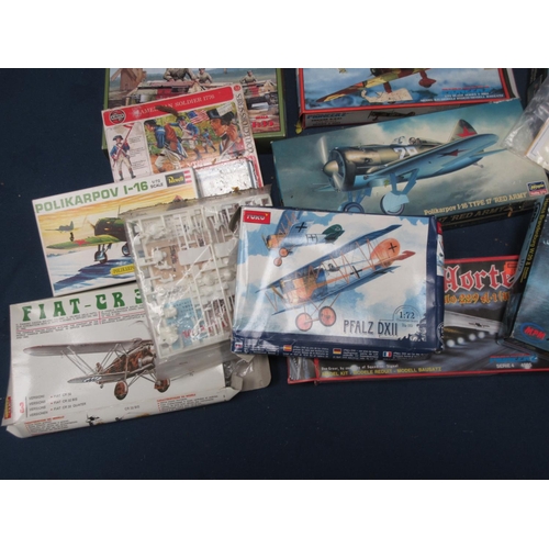 7 - Two boxes of plastic Kits including Hansa Brandeburg, Fiat CR-32, Pfalz DXII, Fokker D-XXI, esoteric... 