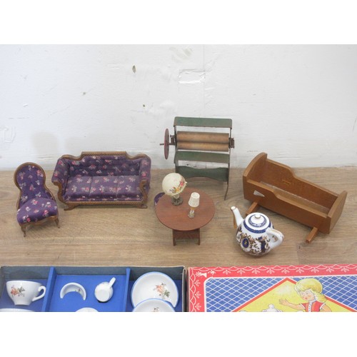 215 - An Edwardian doll's velvet Settee, Chair, Stool and other items together with a 1930's Mangle and a ... 