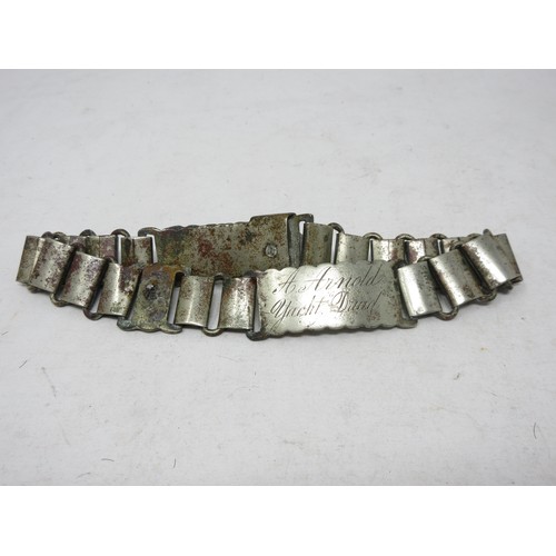 397 - Three antique white metal Dog Collars, one bearing engraved name 'A. Arnold, Yacht Druid'