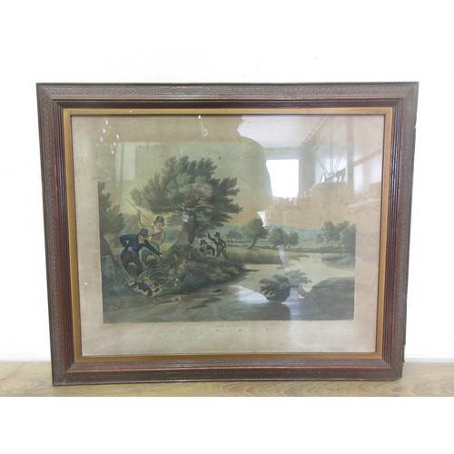 385A - An oak framed colour engraving 'Otter Hunting' 30in W x 24in H and a framed Hunting Types 'Warwicksh... 