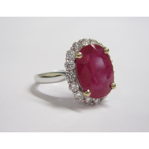 209 - A Ruby and Diamond Cluster Ring claw-set oval-cut ruby, 3.76cts within a frame of brilliant-cut diam... 