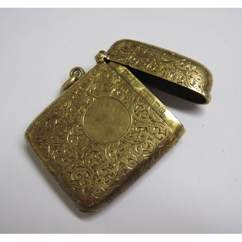 223 - A 9ct gold Victorian Vesta Case with scroll embossing and vacant cartouche, Birmingham 1863, approx ... 