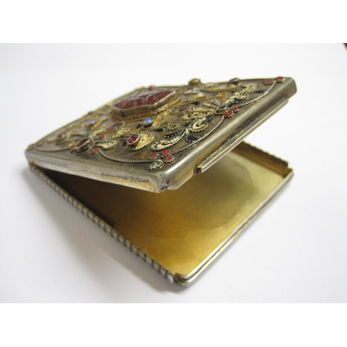 232 - A gem-set Card Case, possibly Russian, white metal with hinged lid set stones and enamel, marks rubb... 