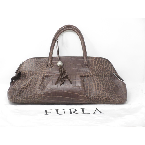 3 - A Furla brown leather faux crocodile skin effect Handbag in original cover