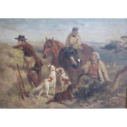 309 - CIRCLE OF JAMES HARDY JNR. Sportsmen resting, oil on panel, 8 1/2 x 12 in. (The frame bears an attri... 