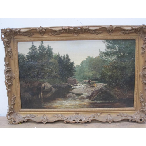 331 - Attributed to JOHN JOSEPH PETTITT.  A river landscape with figures, bears indistinct inscription on ... 