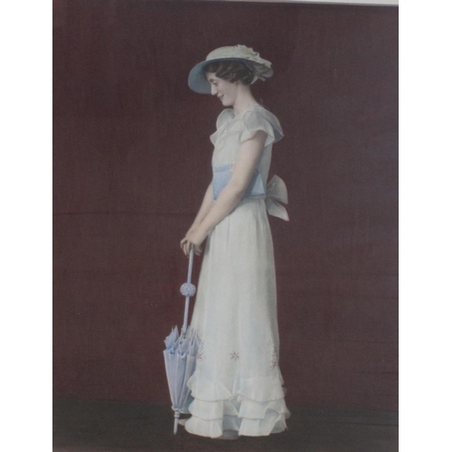 333 - A photographic print by Hay Wrightson depicting a lady holding a parasol, coloured, 15 x 11 1/2 in; ... 