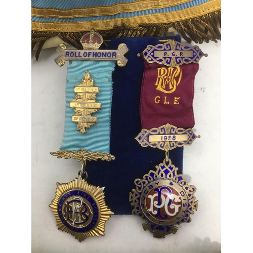 235 - A collection of RAOB Regalia including apron, belt, sashes, arm bands and two silver-gilt and enamel... 