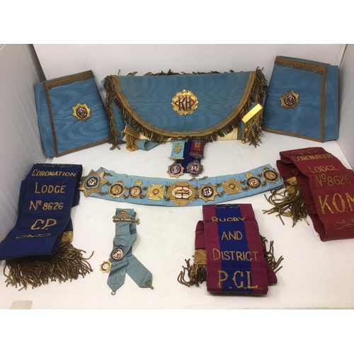 235 - A collection of RAOB Regalia including apron, belt, sashes, arm bands and two silver-gilt and enamel... 