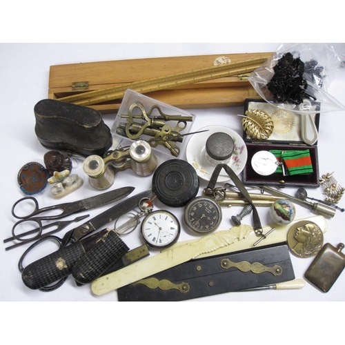 237 - A collection of miscellaneous items including; Opera Glasses, Clock Keys, Rulers, Scissors, two retr... 