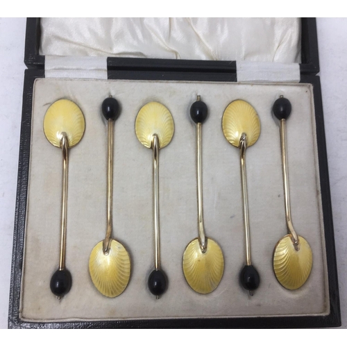 249 - Six George V silver and yellow guilloche enamel bean handled Coffee Spoons, Birmingham 1927, in case... 