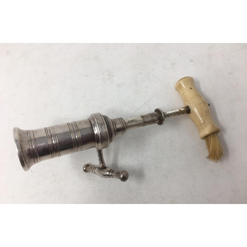 250 - A plated Rack and Pinion Corkscrew with applied coat of arms, turned bone handle and brush.