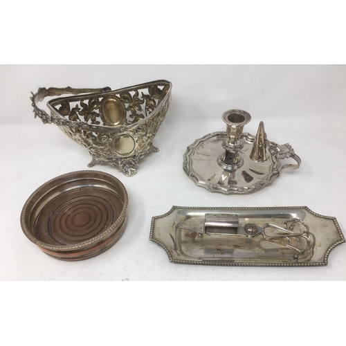 289 - A plated Coaster, Art Nouveau Basket with swag handle, Chamber Candlestick, Snuffers and Tray.