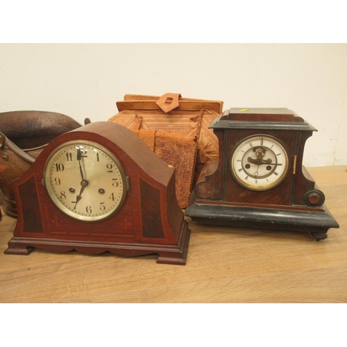 100 - An ebonised and walnut Mantel Clock, 10in H, foot loose, a Mantel Clock A/F, a walnut Box, a leather... 