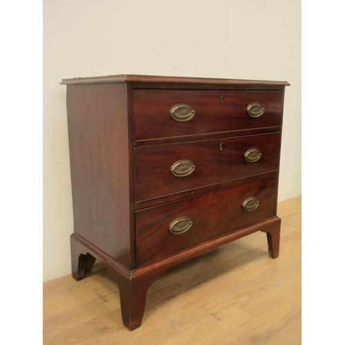 103 - A 19th Century mahogany Chest of three long drawers on bracket supports, 3ft 1in W, top damaged.