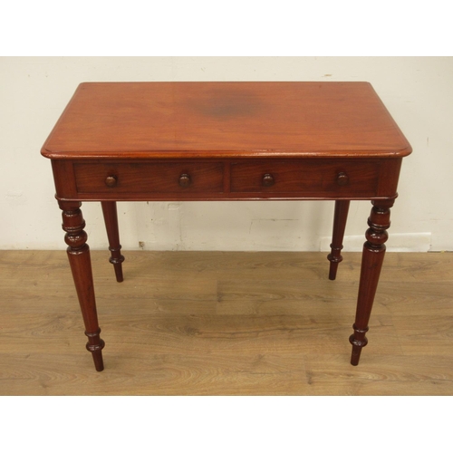 105 - A Victorian mahogany Side Table fitted two frieze drawers on turned supports, 3ft W