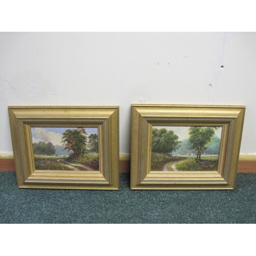 346 - R. CAMPBELL (?) Tranquil landscapes with cattle, indistinctly signed, oil on board, 5 x 7 in, a pair... 