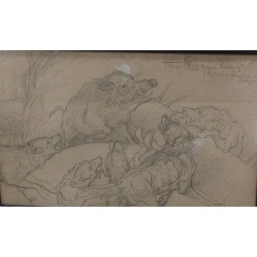 347 - CONTINENTAL SCHOOL 1898. 'A Wild Boar Cornered', inscribed, pencil sketch, 8 1/2 x 12 1/2 in; a wate... 