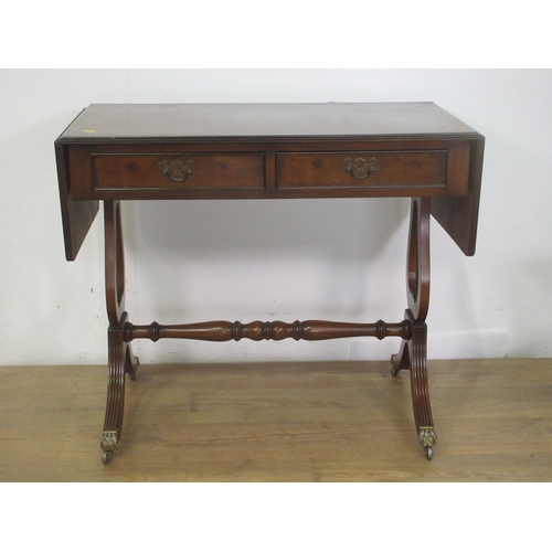 367 - A reproduction mahogany veneered Sofa Table fitted two frieze drawers 2ft 11in W x 2ft 5in H and a l... 