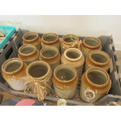 397 - A tray of stoneware Flaggons and two boxes of plated Candelbras, etc