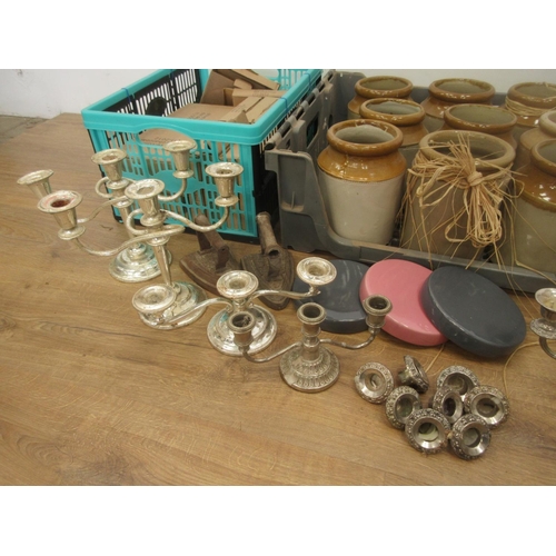 397 - A tray of stoneware Flaggons and two boxes of plated Candelbras, etc