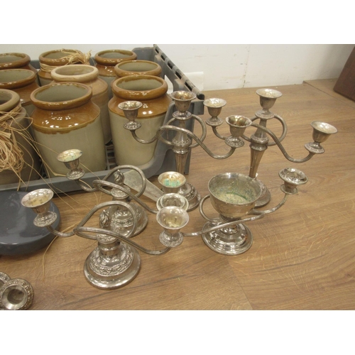 397 - A tray of stoneware Flaggons and two boxes of plated Candelbras, etc