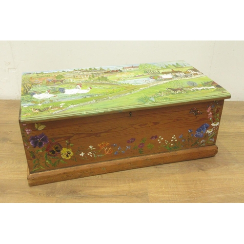 410 - A pine Blanket Box with painted rural scene 2ft 9in W x 1ft 1in H