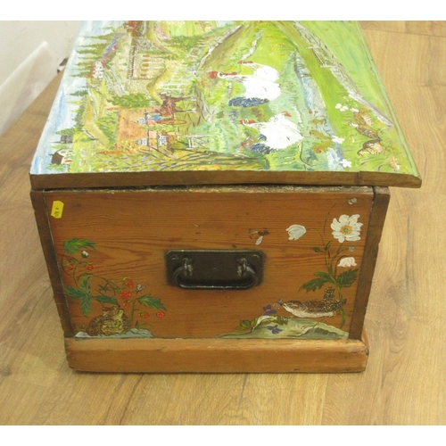 410 - A pine Blanket Box with painted rural scene 2ft 9in W x 1ft 1in H