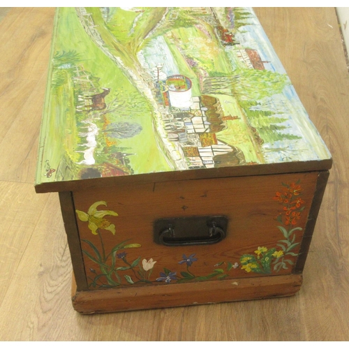 410 - A pine Blanket Box with painted rural scene 2ft 9in W x 1ft 1in H