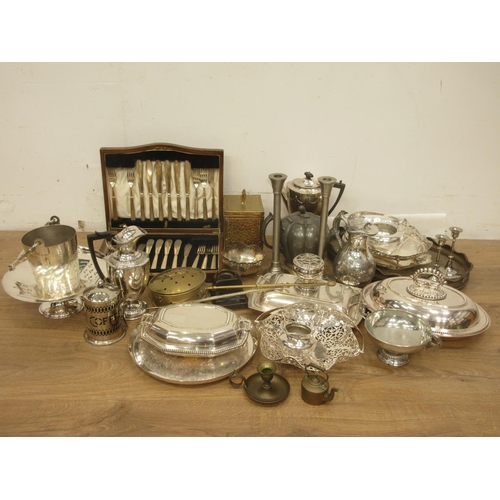 57 - Two boxes containing plated ware including entree dish, coffee pots, cutlery, tray, baskets etc.