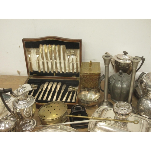 57 - Two boxes containing plated ware including entree dish, coffee pots, cutlery, tray, baskets etc.