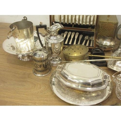 57 - Two boxes containing plated ware including entree dish, coffee pots, cutlery, tray, baskets etc.