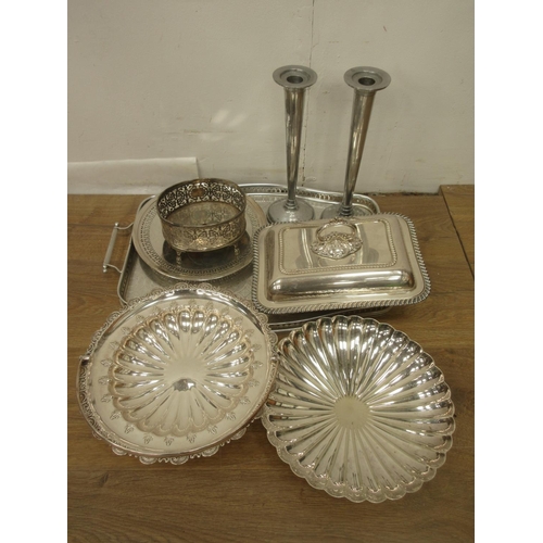 57 - Two boxes containing plated ware including entree dish, coffee pots, cutlery, tray, baskets etc.