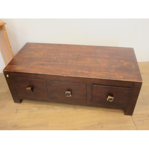 68 - A stained wood Coffee Table fitted three drawers to each side, 3ft 10in L, two handles A/F, a pine D... 