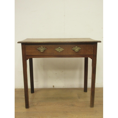 86 - An antique oak Side Table fitted frieze drawer on chamfered squared supports, 2ft 7in W.