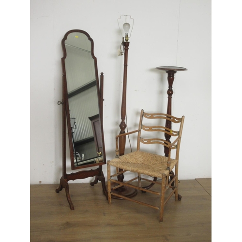 97 - A rush seated Elbow Chair, a Robing Mirror, a carved Torchiere, a Standard Lamp with shade.